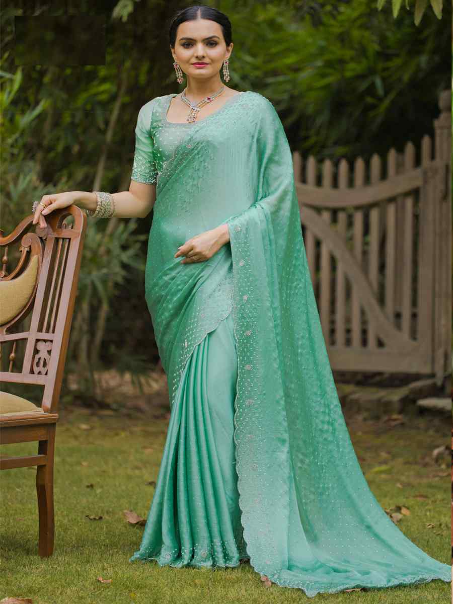 Green Satin Chiffon Embroidered Festival Party Heavy Border Saree