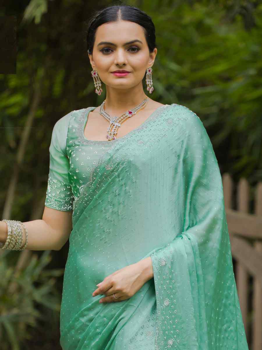 Green Satin Chiffon Embroidered Festival Party Heavy Border Saree