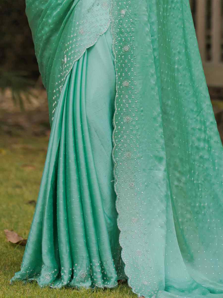 Green Satin Chiffon Embroidered Festival Party Heavy Border Saree