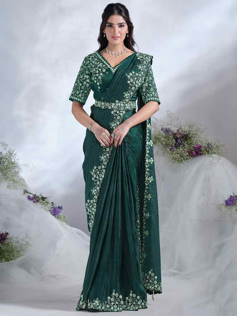 Green Satin Silk Embroidered Reception Wedding Heavy Border Saree