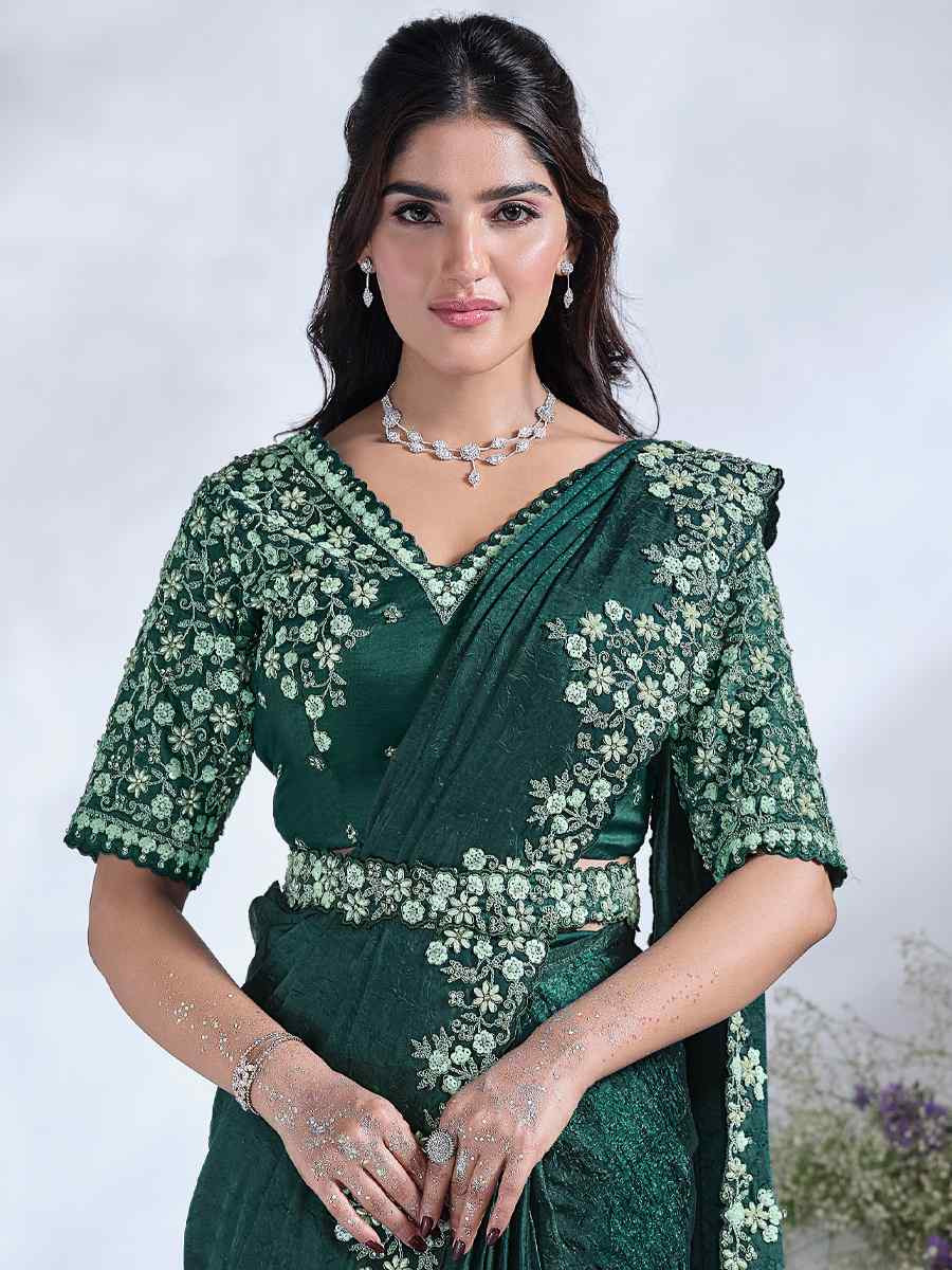 Green Satin Silk Embroidered Reception Wedding Heavy Border Saree