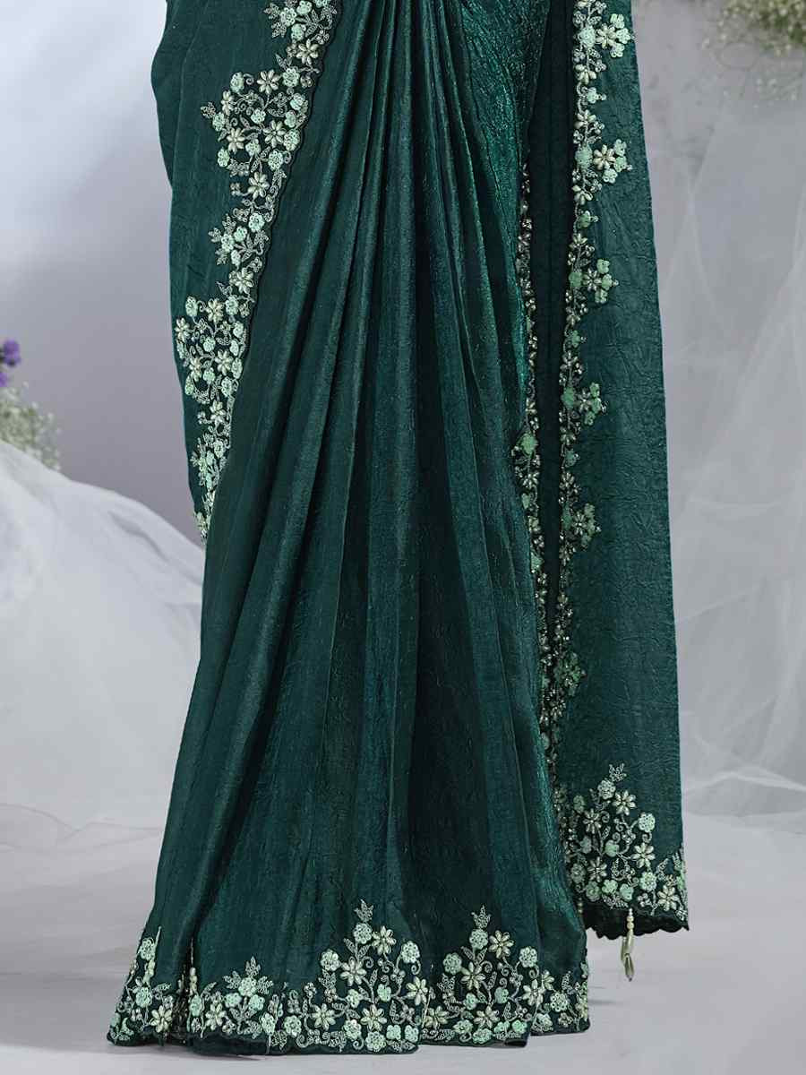 Green Satin Silk Embroidered Reception Wedding Heavy Border Saree