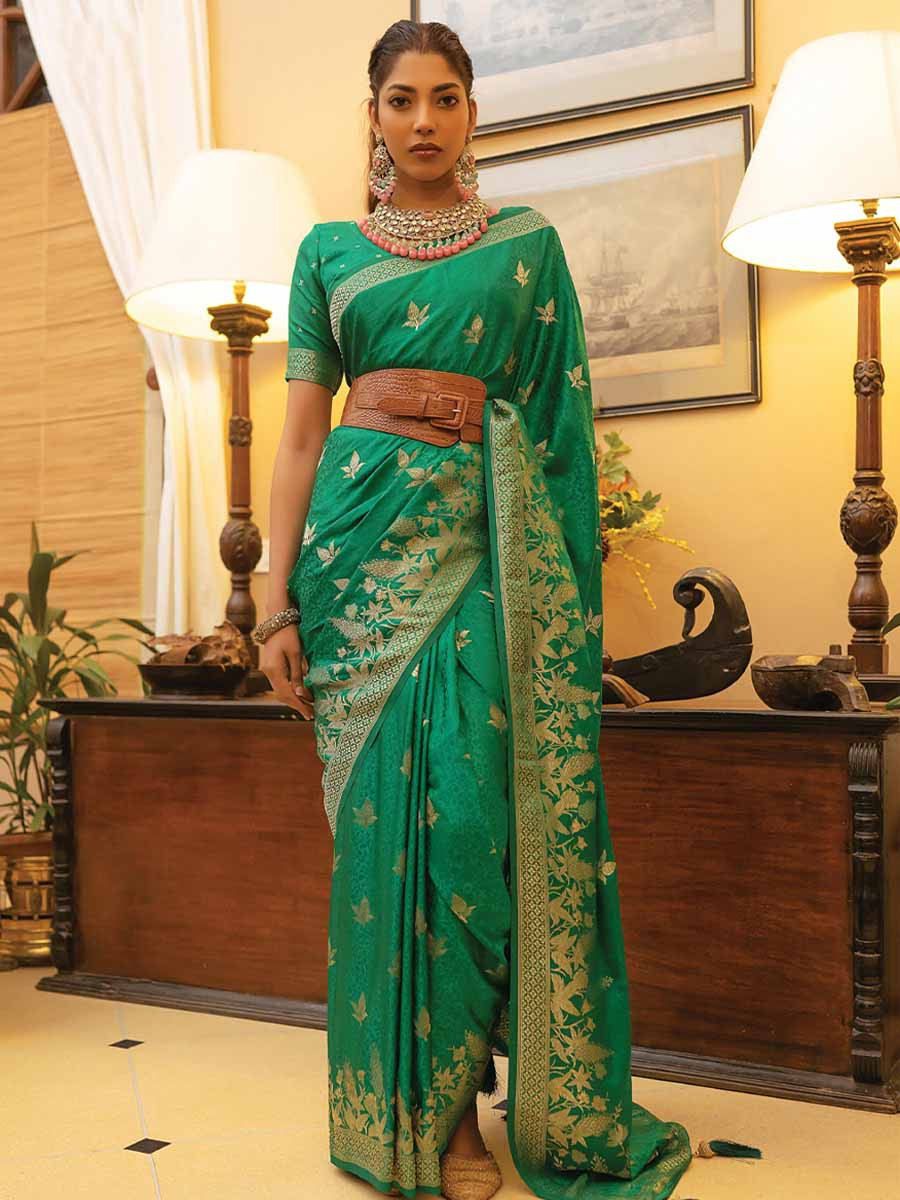 Green Satin Silk Handwoven Festival Wedding Heavy Border Saree