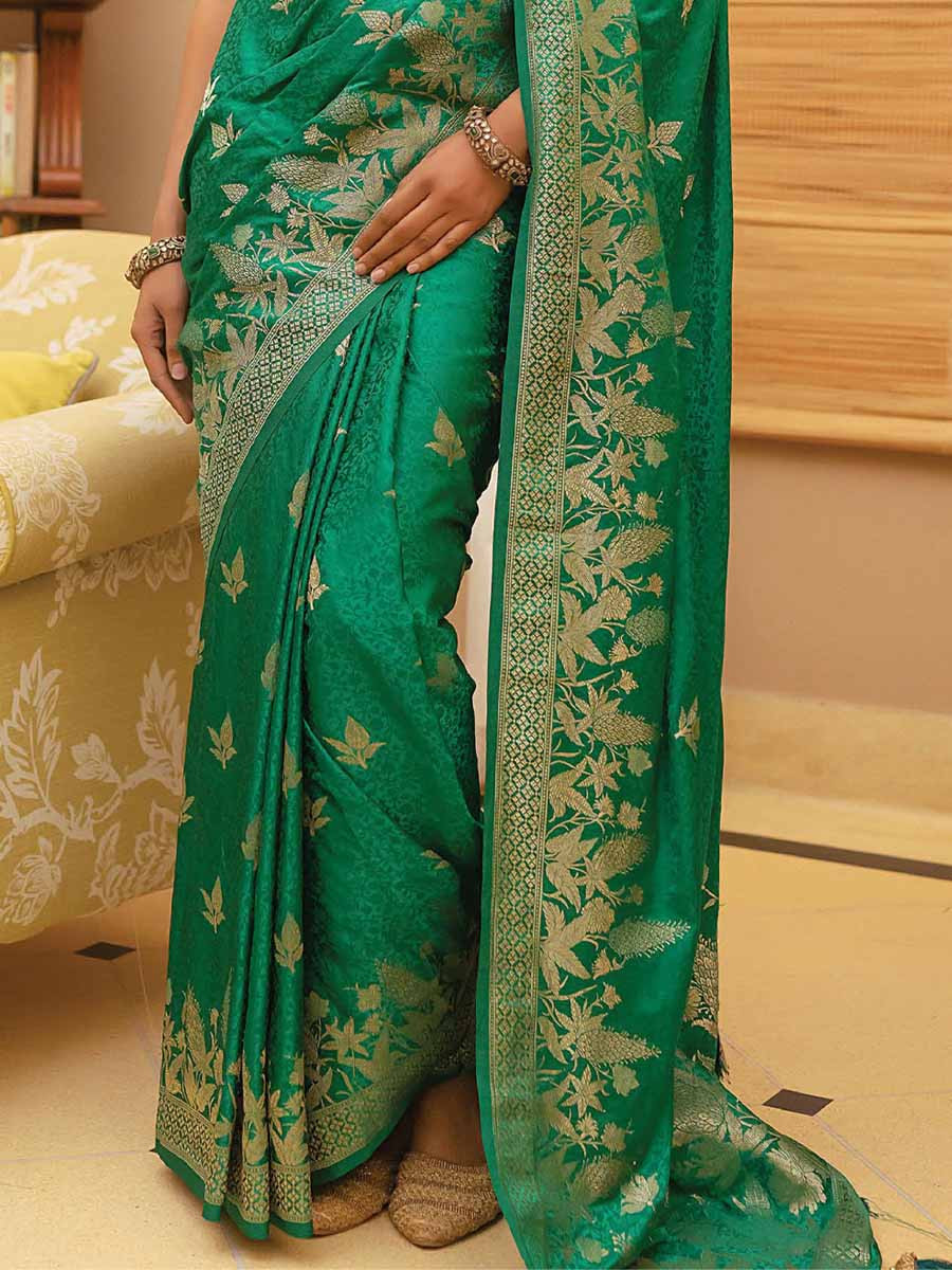 Green Satin Silk Handwoven Festival Wedding Heavy Border Saree