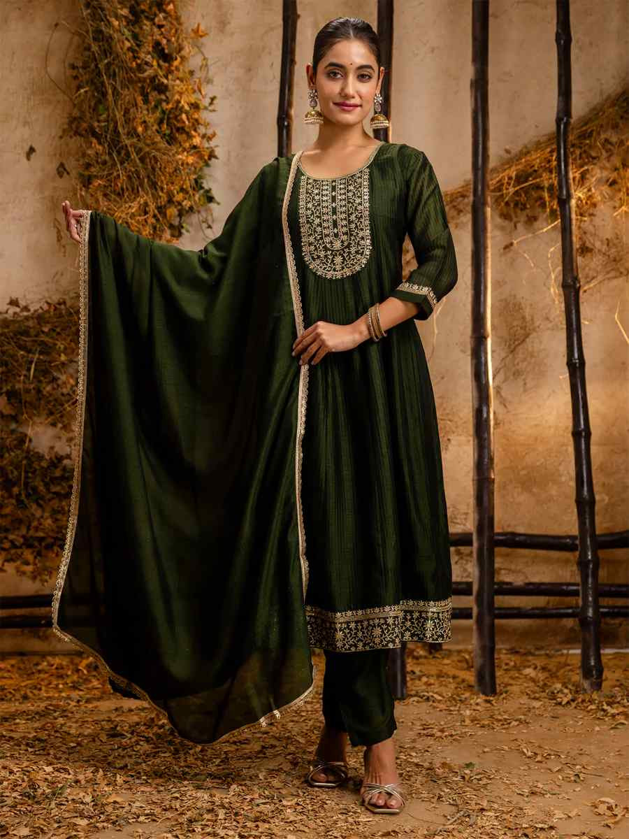 Green Silk Blend Embroidered Party Casual Ready Anarkali Salwar Kameez