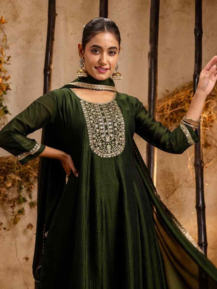 Green Silk Blend Embroidered Party Casual Ready Anarkali Salwar Kameez