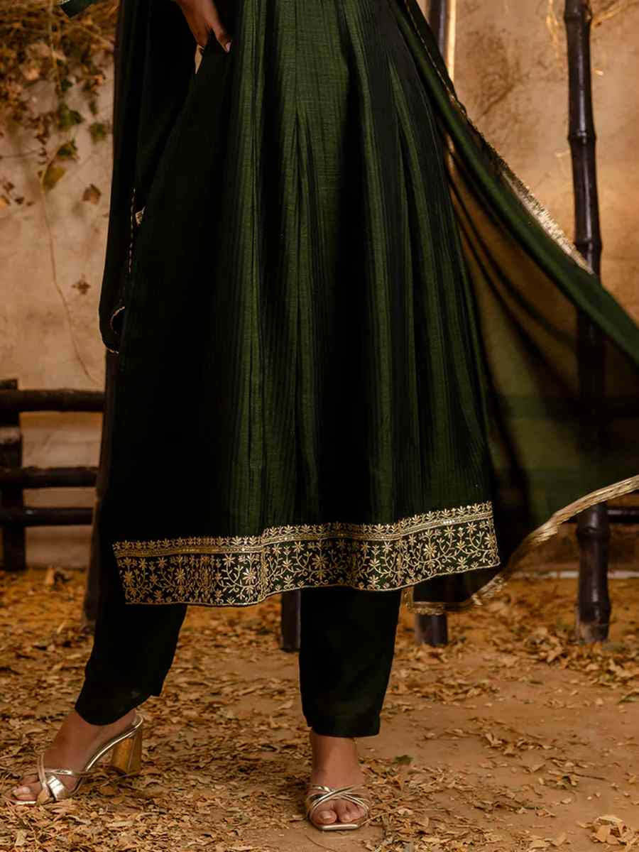 Green Silk Blend Embroidered Party Casual Ready Anarkali Salwar Kameez