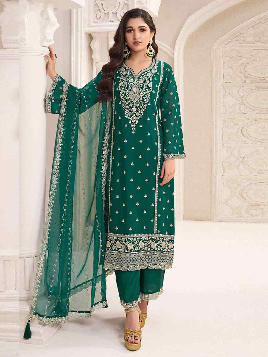 Green Silk Chiffon Embroidered Festival Wedding Pant Salwar Kameez