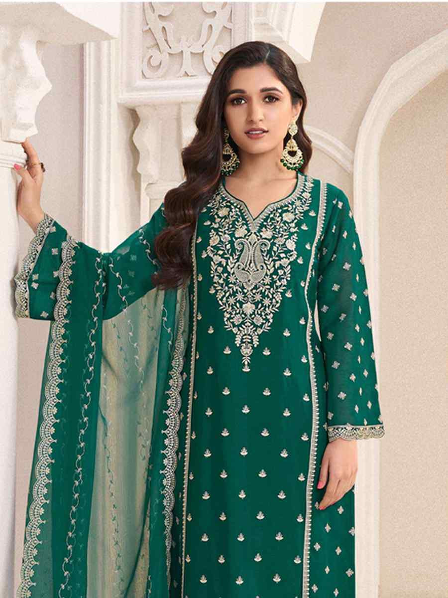 Green Silk Chiffon Embroidered Festival Wedding Pant Salwar Kameez