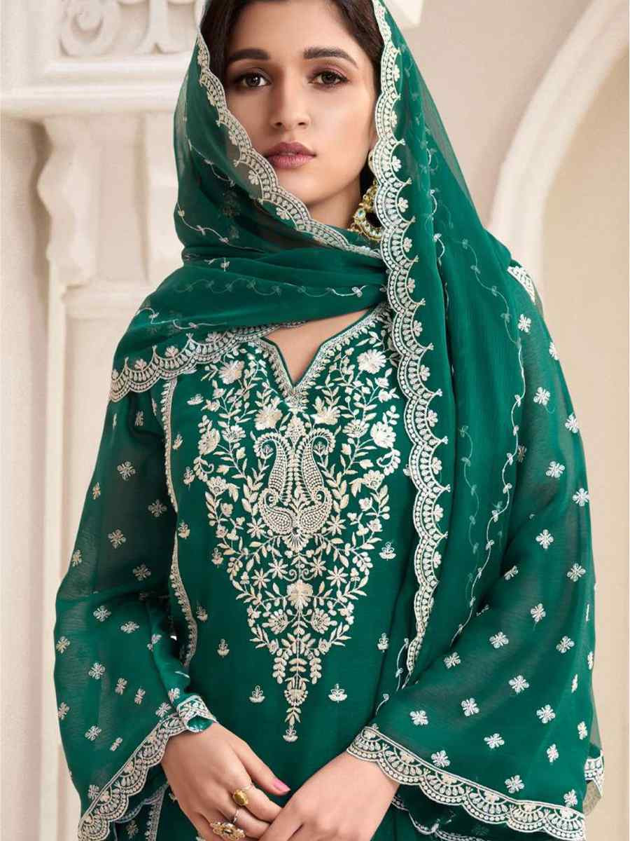 Green Silk Chiffon Embroidered Festival Wedding Pant Salwar Kameez