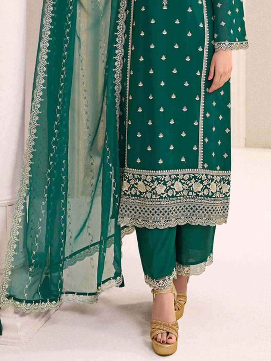 Green Silk Chiffon Embroidered Festival Wedding Pant Salwar Kameez