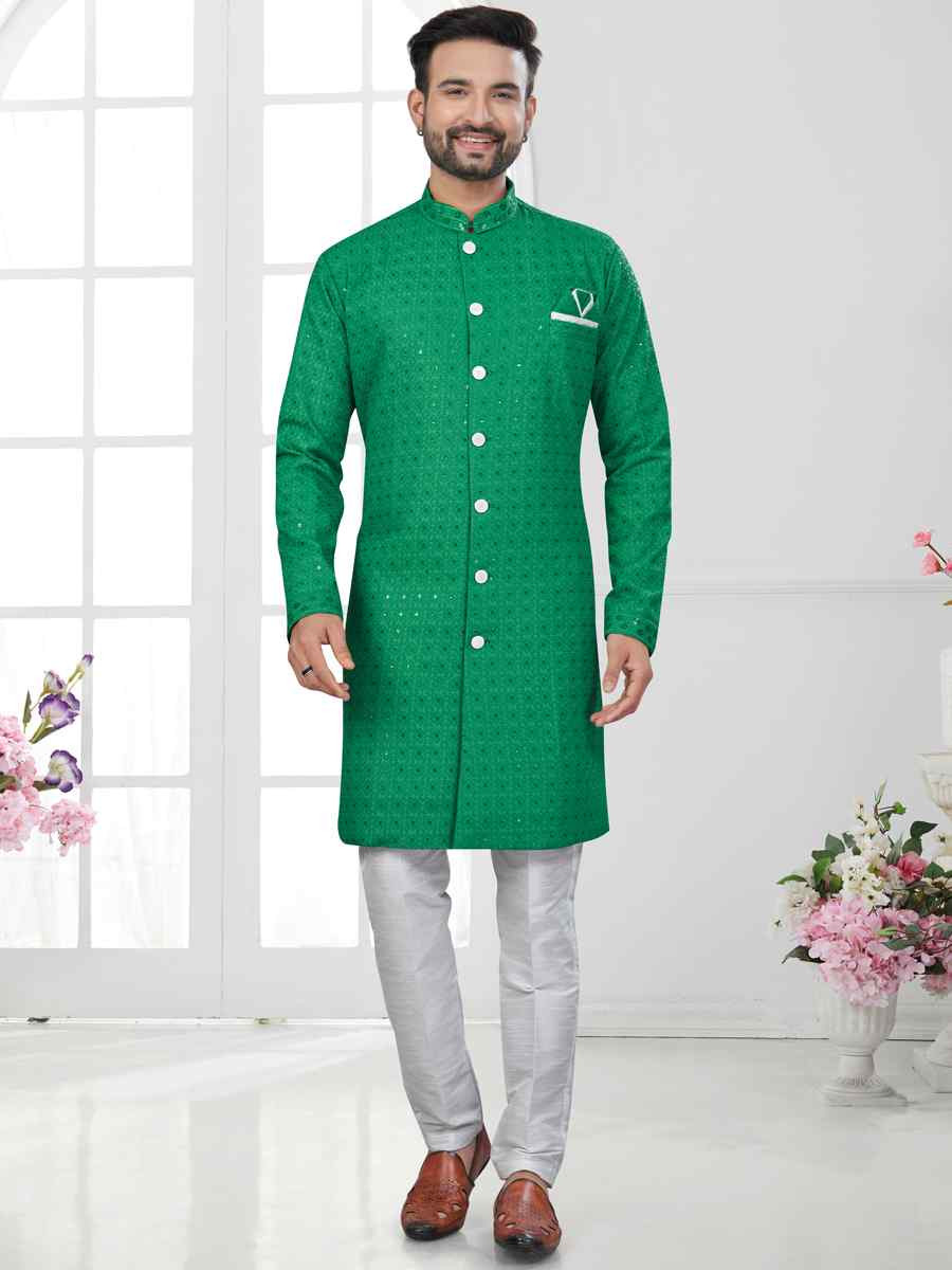 Green Silk Dupion Embroidered Festival Wedding Sherwani