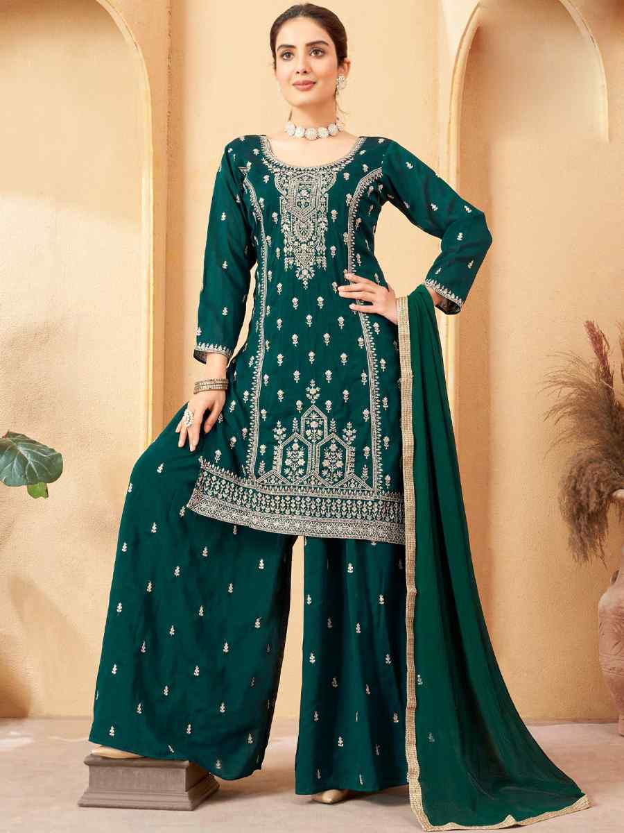 Green Silk Embroidered Festival Casual Ready Palazzo Pant Salwar Kameez