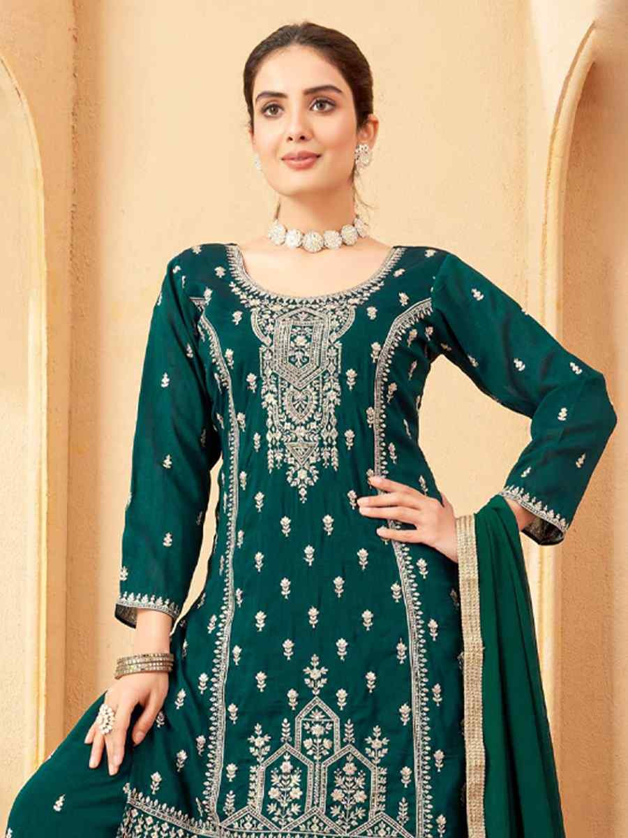 Green Silk Embroidered Festival Casual Ready Palazzo Pant Salwar Kameez