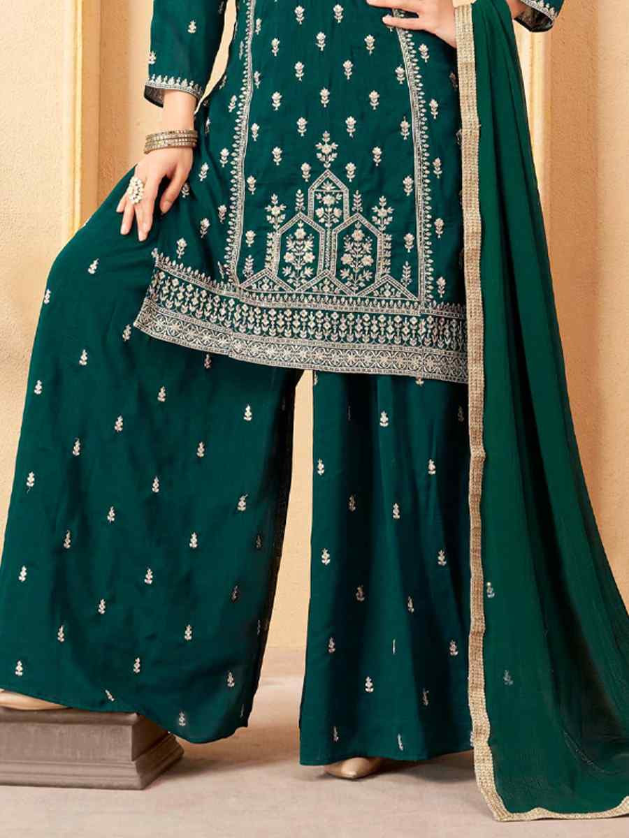 Green Silk Embroidered Festival Casual Ready Palazzo Pant Salwar Kameez