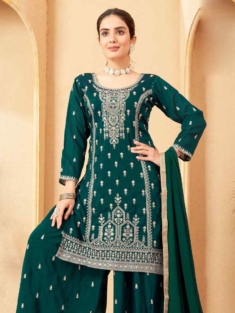 Green Silk Embroidered Festival Casual Ready Palazzo Pant Salwar Kameez