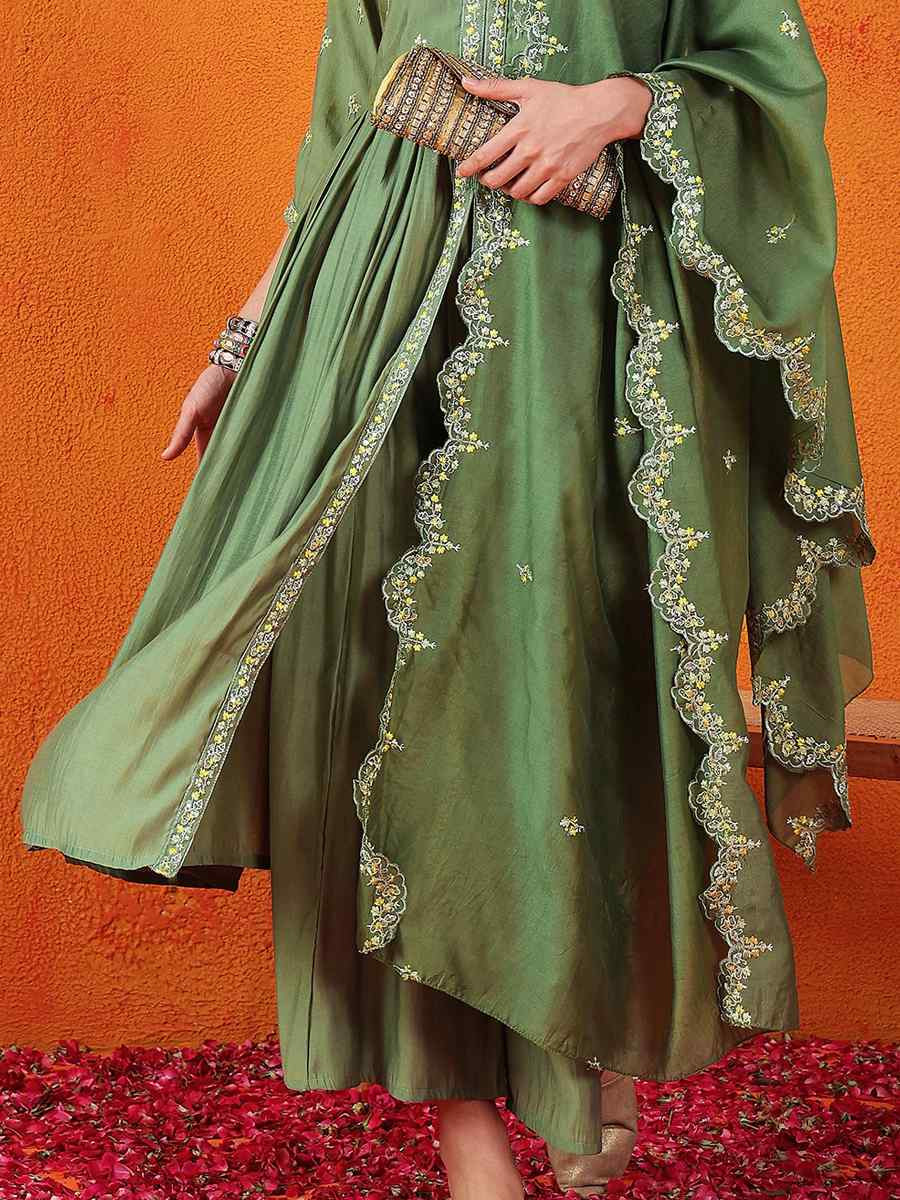 Green Silk Embroidered Festival Wedding Ready Palazzo Pant Salwar Kameez