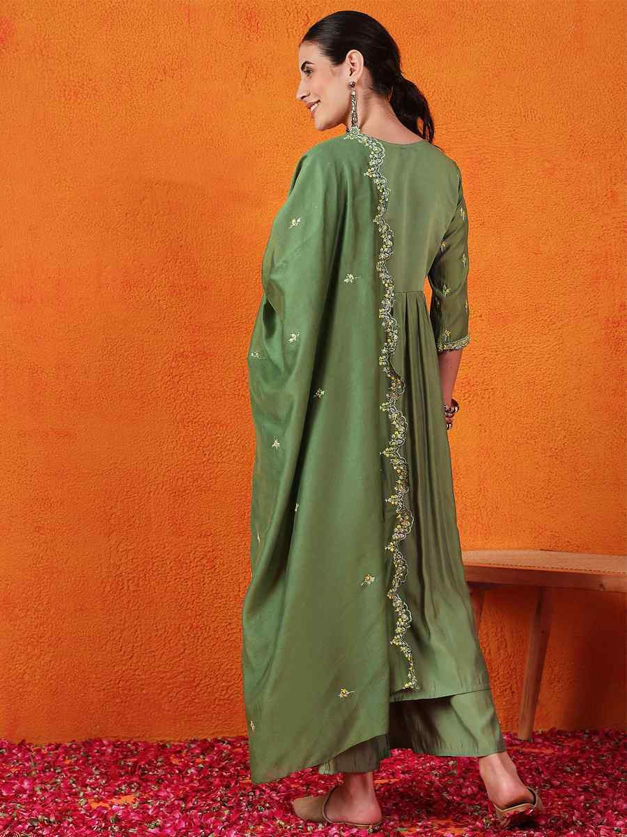 Green Silk Embroidered Festival Wedding Ready Palazzo Pant Salwar Kameez