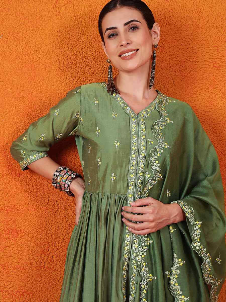 Green Silk Embroidered Festival Wedding Ready Palazzo Pant Salwar Kameez