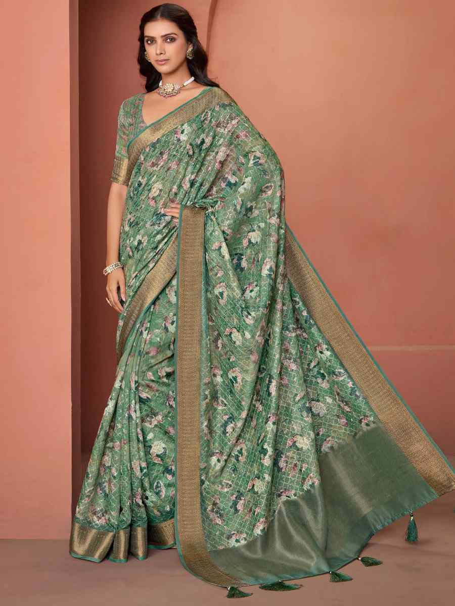 Green Silk Embroidered Reception Party Heavy Border Saree