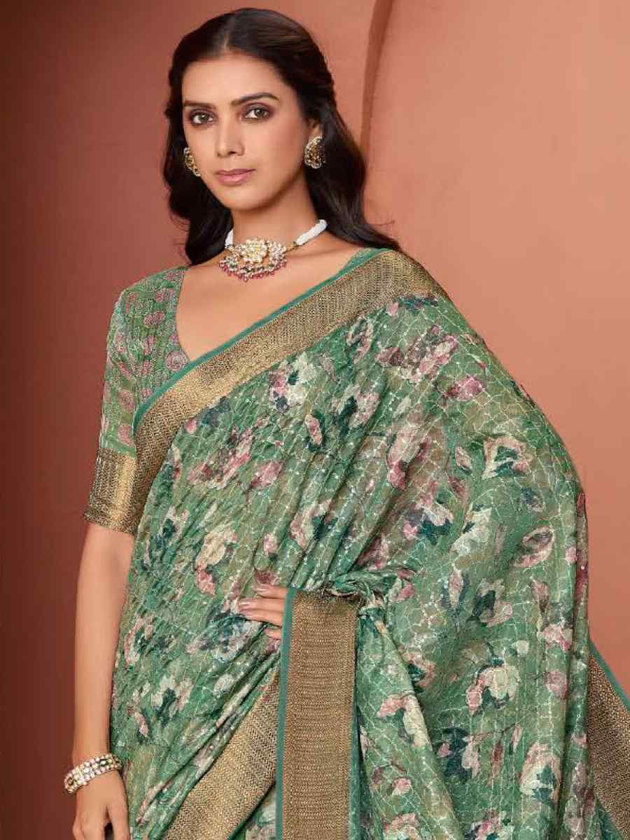 Green Silk Embroidered Reception Party Heavy Border Saree