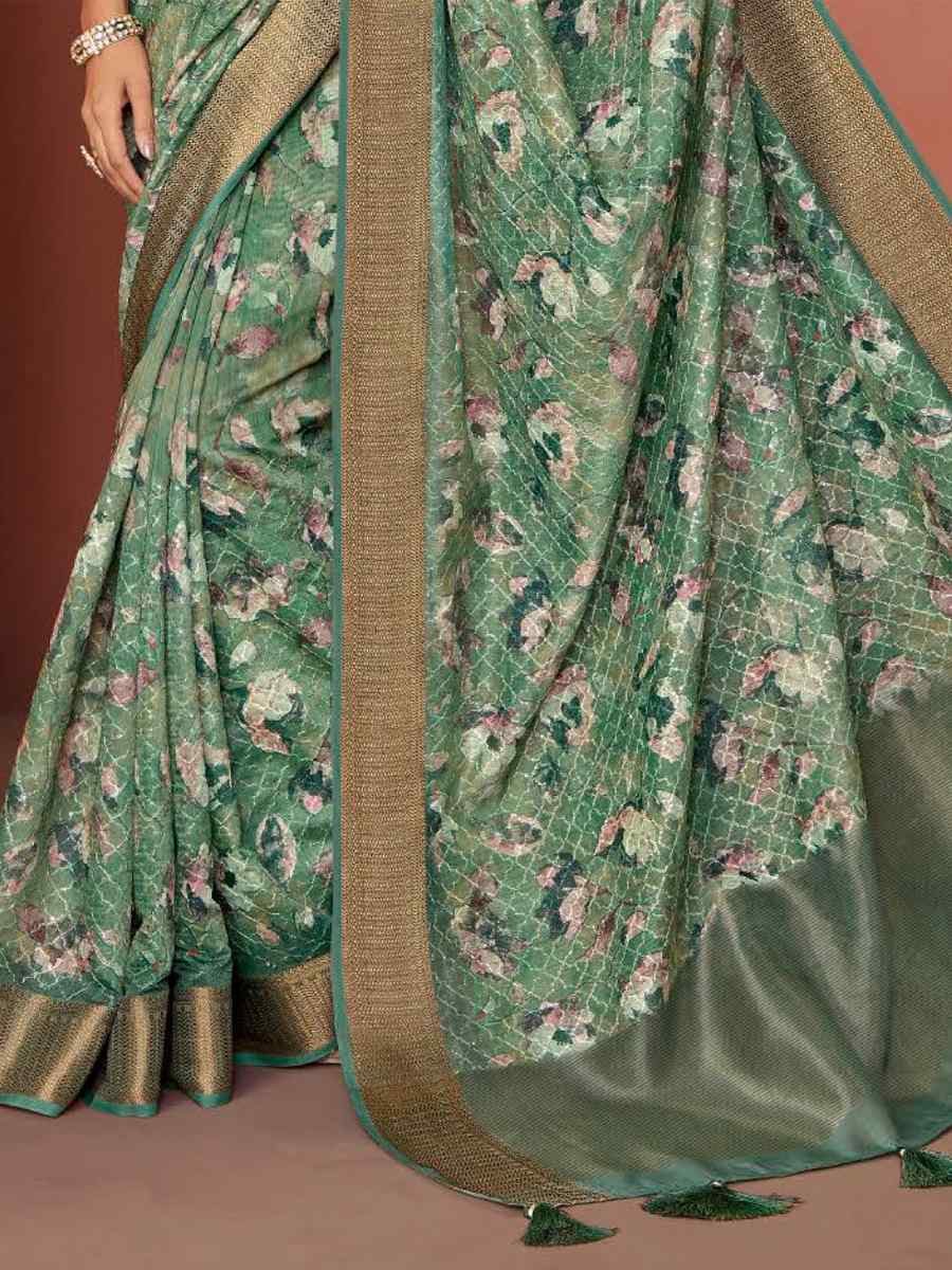 Green Silk Embroidered Reception Party Heavy Border Saree