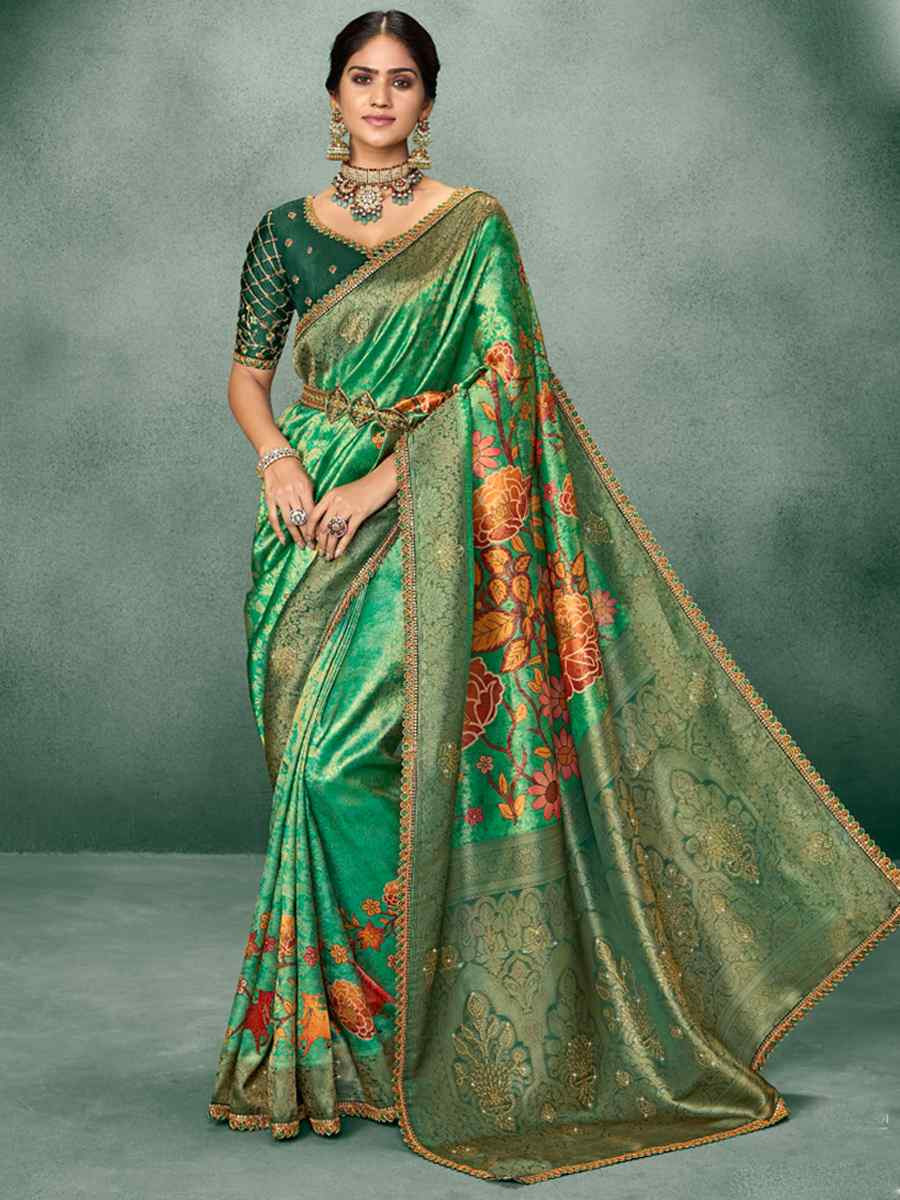 Green Silk Embroidered Reception Party Heavy Border Saree