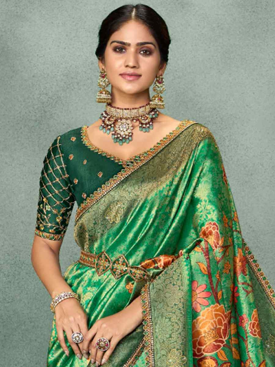 Green Silk Embroidered Reception Party Heavy Border Saree