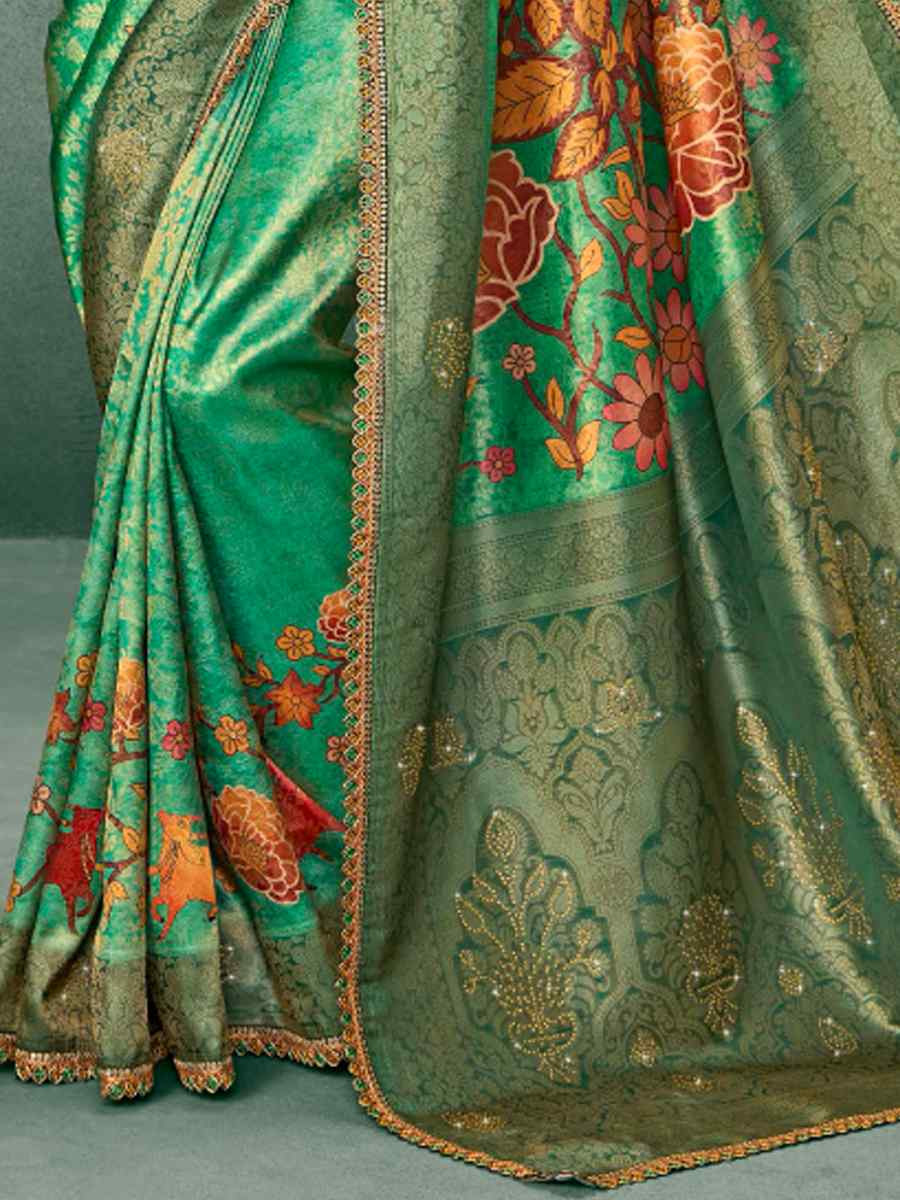 Green Silk Embroidered Reception Party Heavy Border Saree