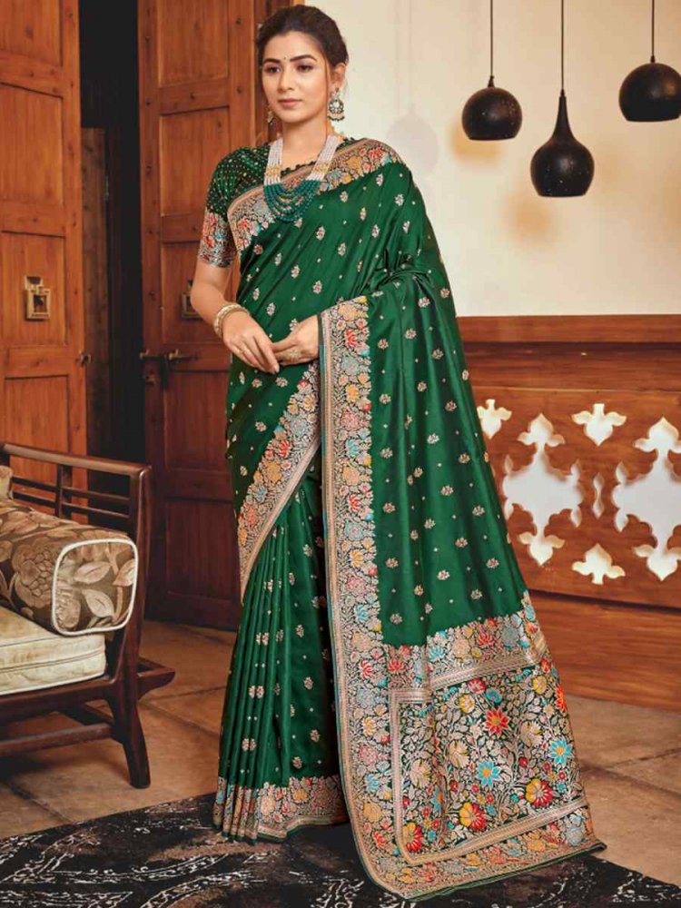 Green Silk Embroidered Wedding Party Heavy Border Saree