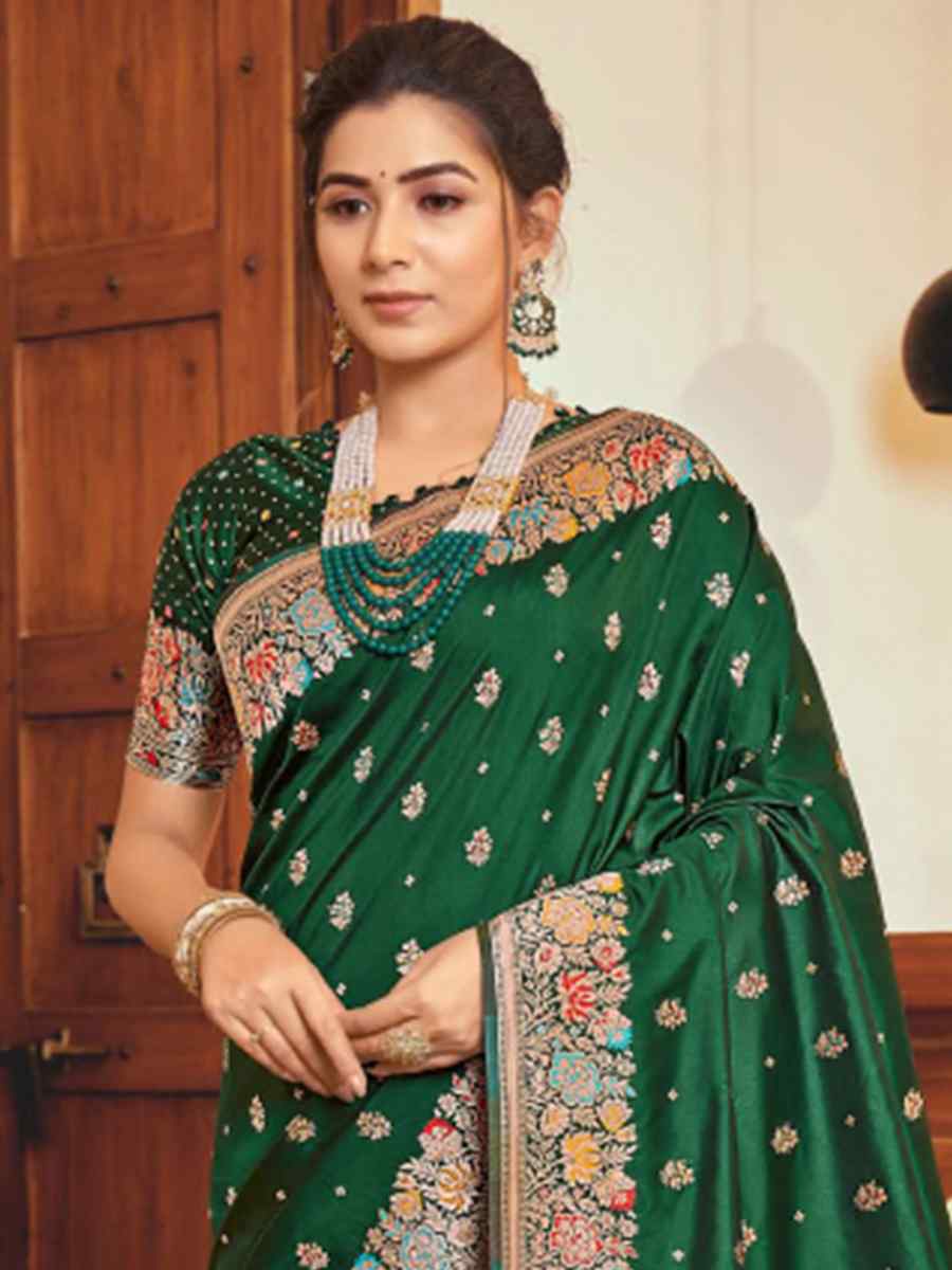 Green Silk Embroidered Wedding Party Heavy Border Saree