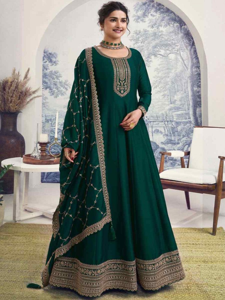 Green Silk Georgette Embroidered Festival Mehendi Gown