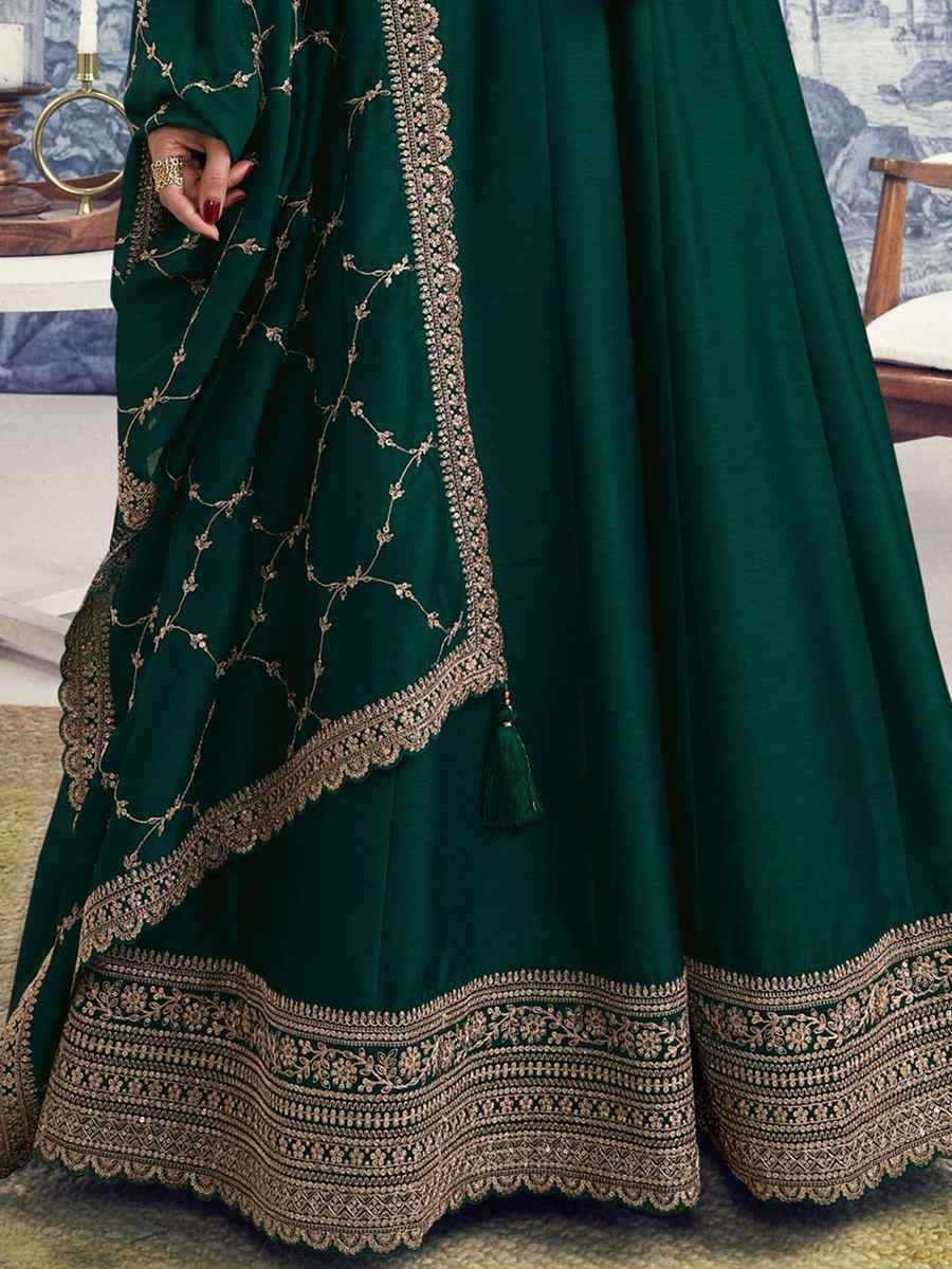 Green Silk Georgette Embroidered Festival Mehendi Gown