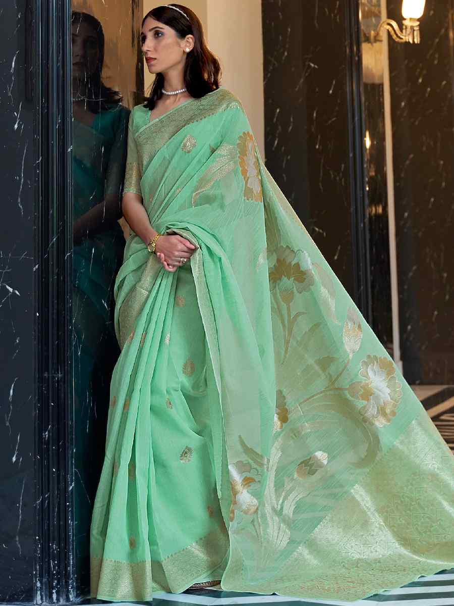 Green Silk Handwoven Festival Wedding Heavy Border Saree