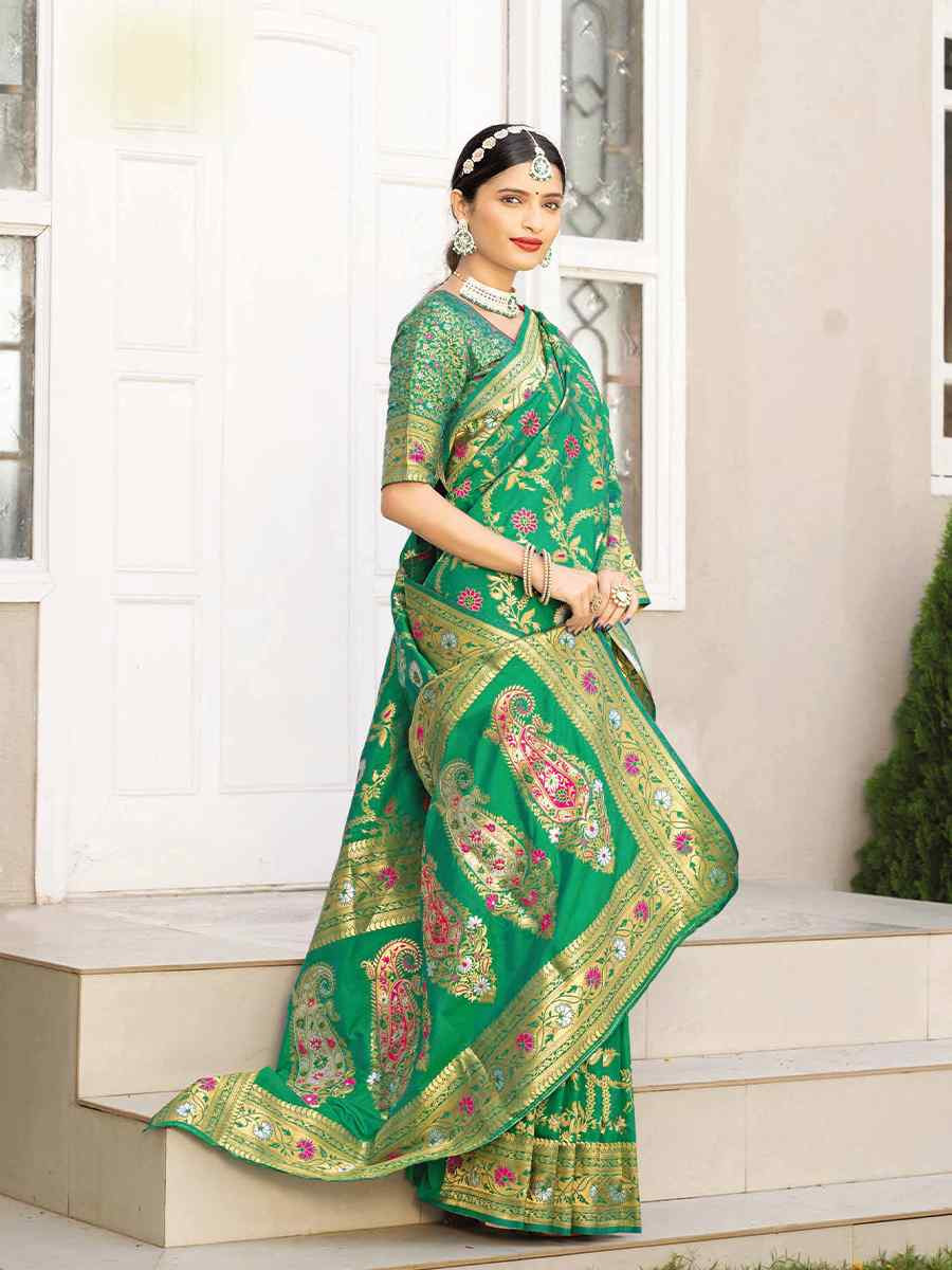 Green Silk Handwoven Festival Wedding Heavy Border Saree