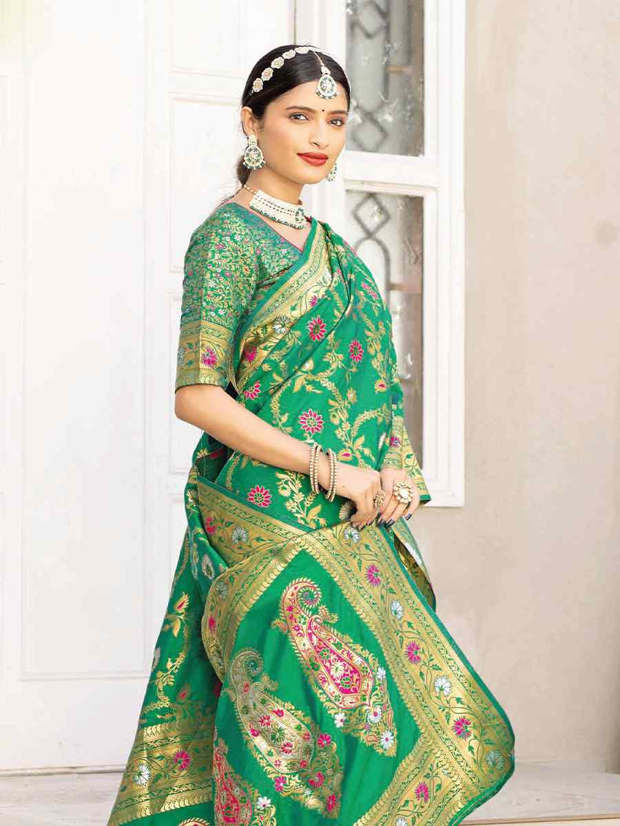 Green Silk Handwoven Festival Wedding Heavy Border Saree