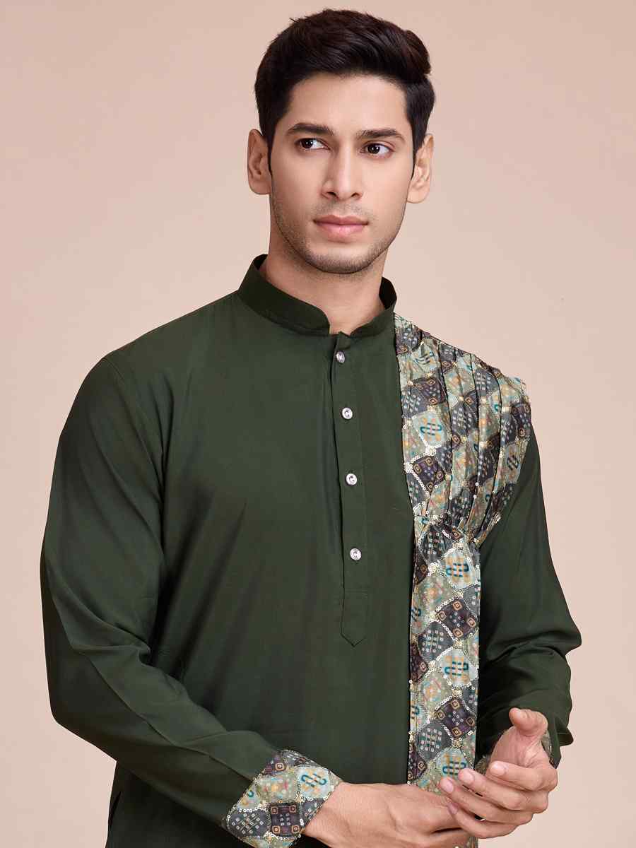 Green Silk Woven Festival Casual Kurta