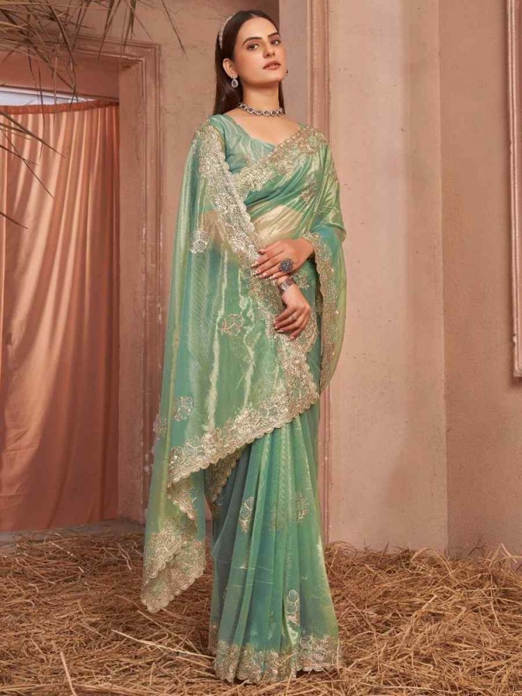 Green Simmer Silver Net Embroidered Party Reception Heavy Border Saree