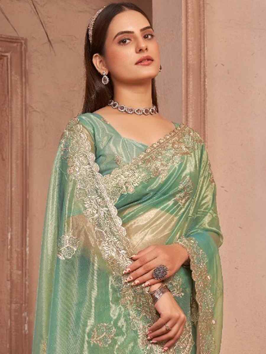 Green Simmer Silver Net Embroidered Party Reception Heavy Border Saree