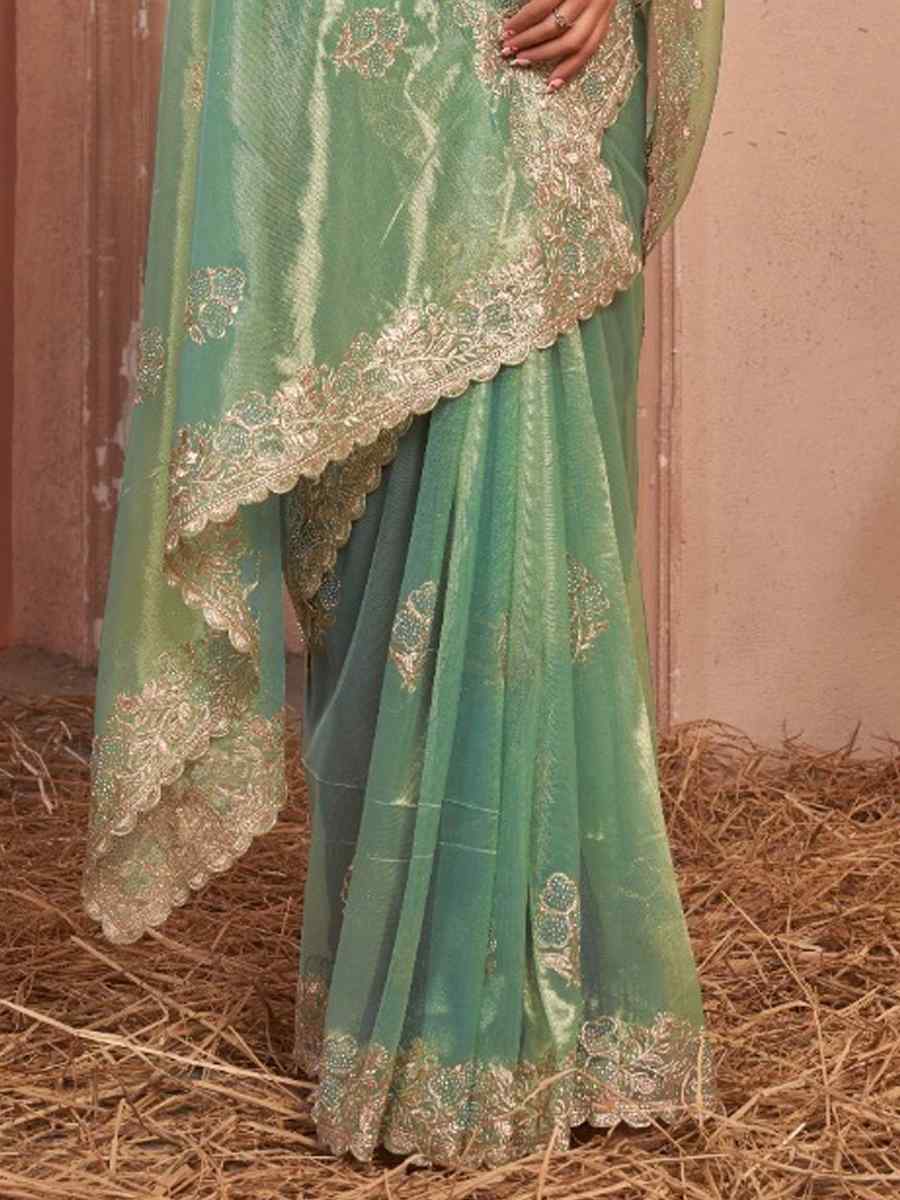 Green Simmer Silver Net Embroidered Party Reception Heavy Border Saree