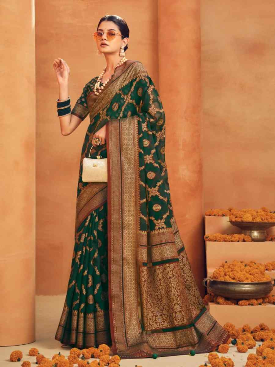 Green Soft Cotton Silk Sarees Printed Casual Festival Heavy Border Saree