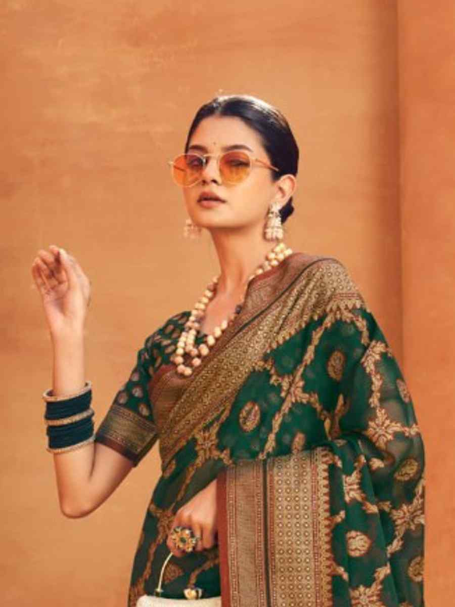 Green Soft Cotton Silk Sarees Printed Casual Festival Heavy Border Saree