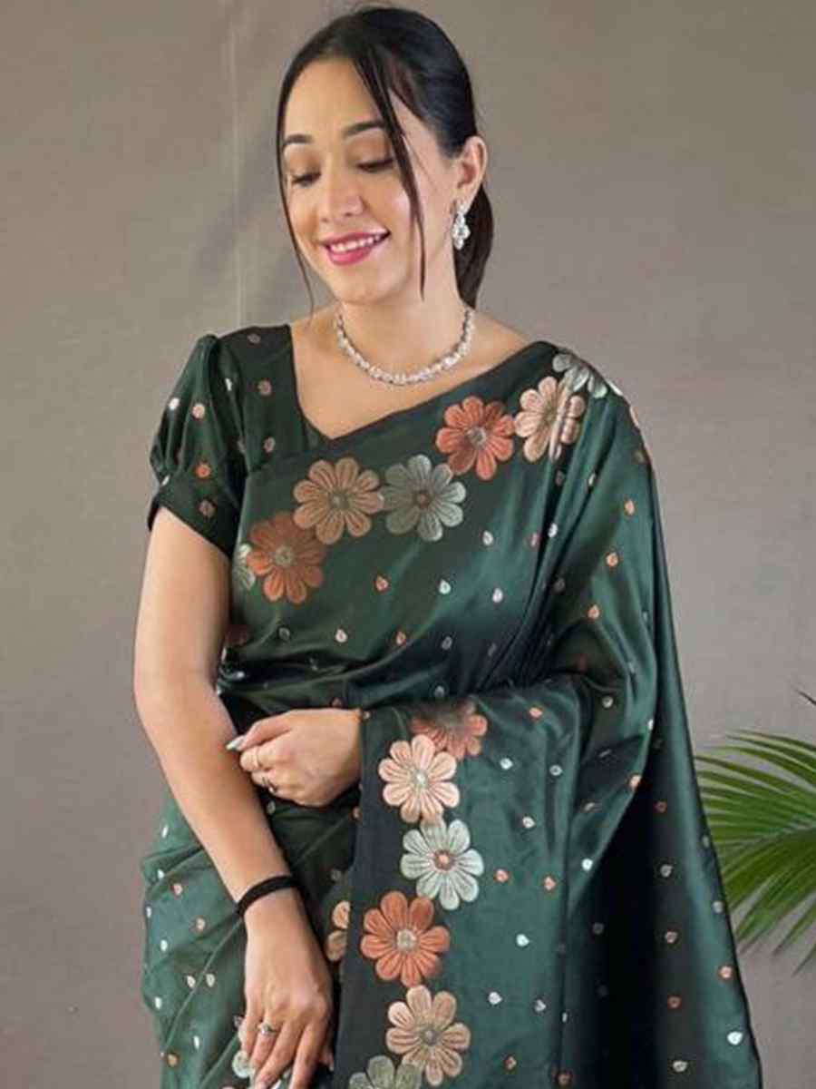 Green Soft Lichi Silk Handwoven Wedding Festival Heavy Border Saree