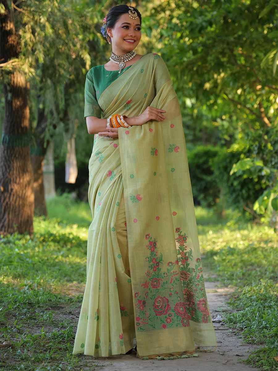 Green Soft muga Cotton Printed Festival Casual Contemporary Saree