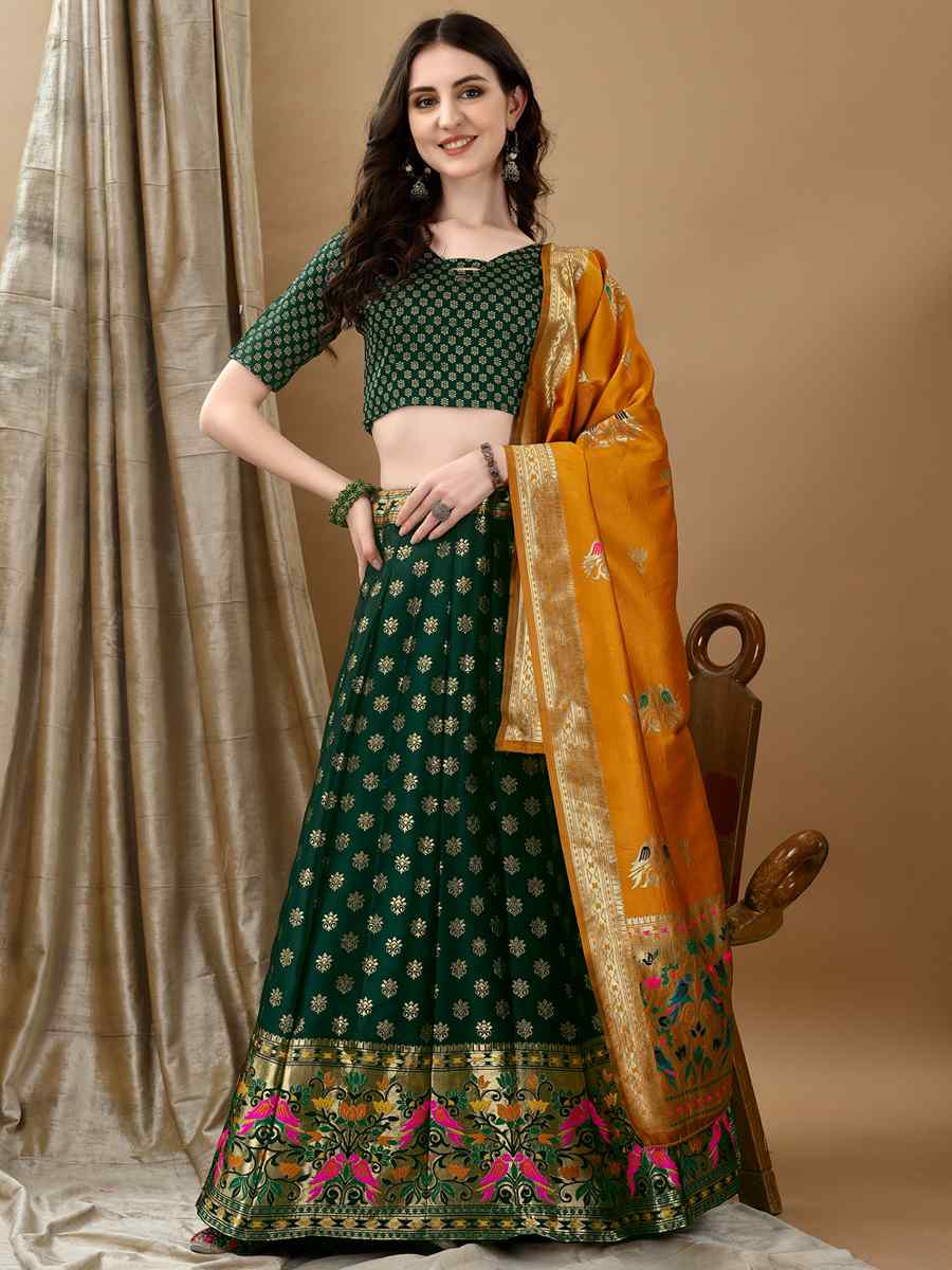 Green Soft Silk Jacquard Embroidery Bridesmaid Wedding Heavy Border Lehenga Choli