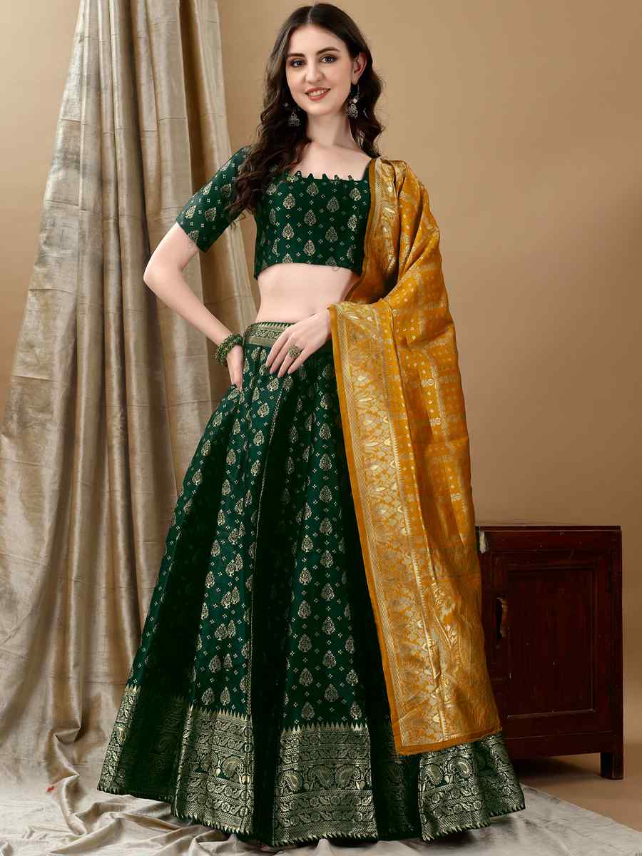 Green Soft Silk Jacquard Embroidery Bridesmaid Wedding Heavy Border Lehenga Choli