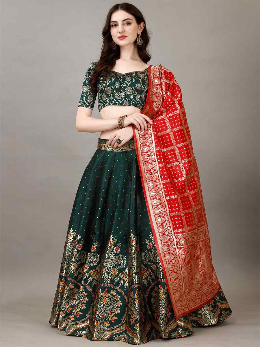 Green Soft Silk Jacquard Embroidery Bridesmaid Wedding Heavy Border Lehenga Choli