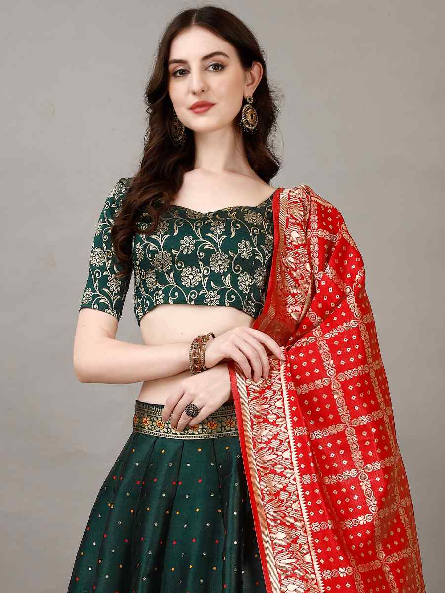 Green Soft Silk Jacquard Embroidery Bridesmaid Wedding Heavy Border Lehenga Choli