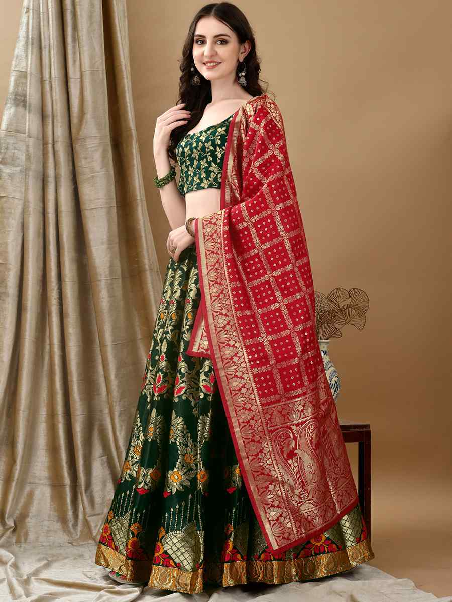 Green Soft Silk Jacquard Embroidery Bridesmaid Wedding Heavy Border Lehenga Choli