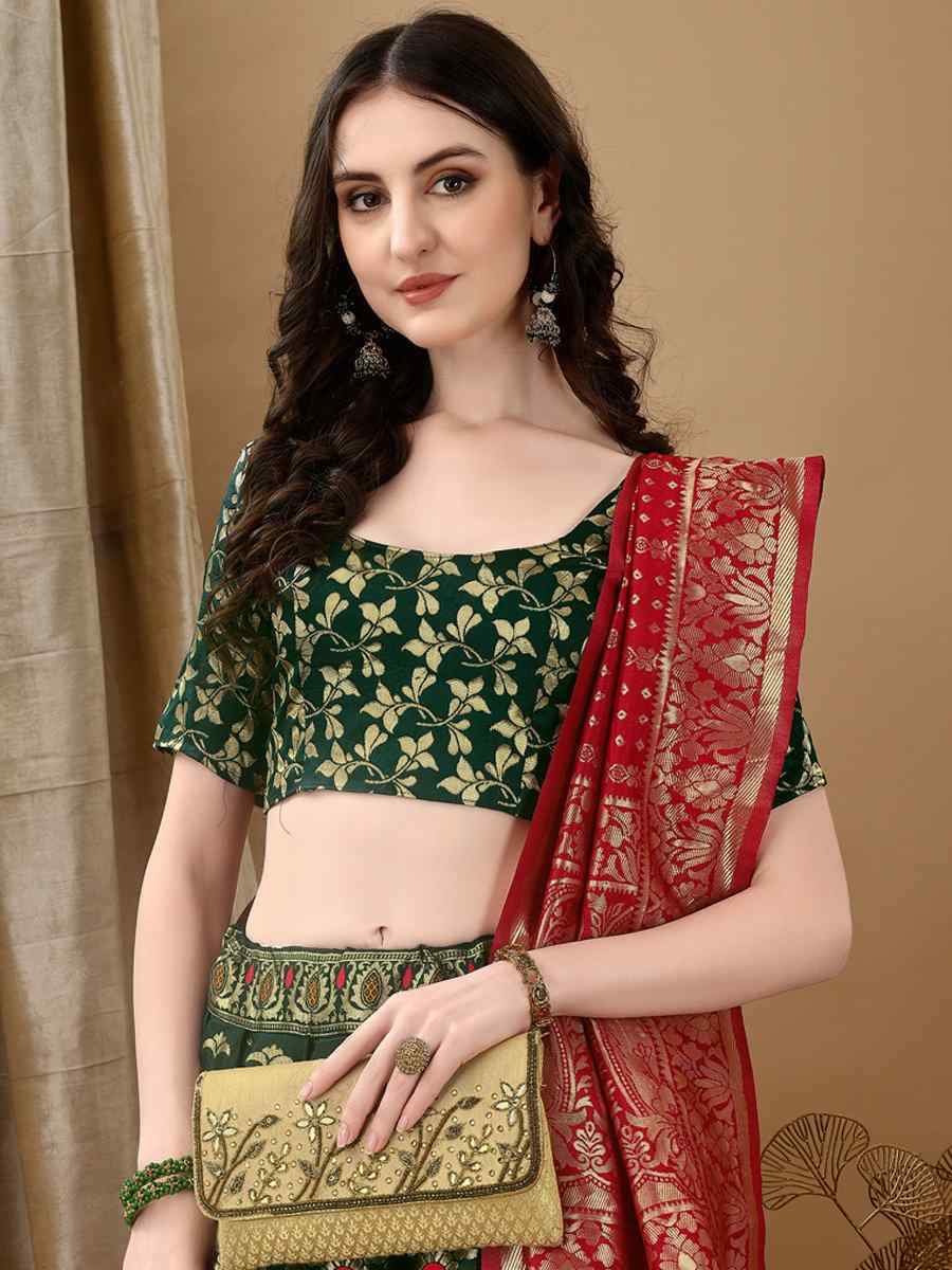 Green Soft Silk Jacquard Embroidery Bridesmaid Wedding Heavy Border Lehenga Choli